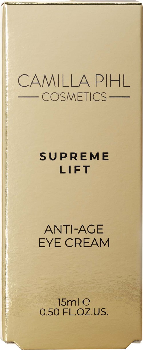 Gouden doos voor Camilla Pihl Cosmetics oogcrème, gemarkeerd 'Supreme Lift Anti-Age Eye Cream,' 15 ml.