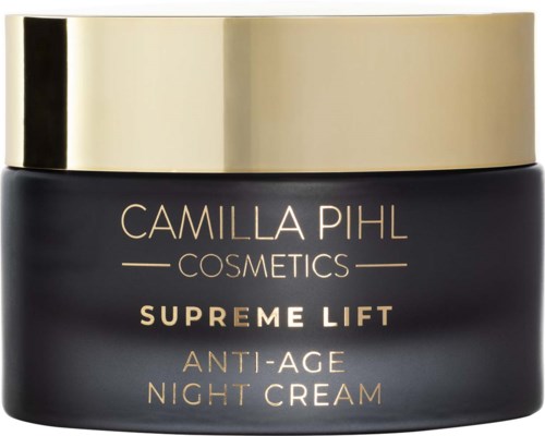 Een zwarte pot met een gouden deksel, gelabeld Camilla Pihl Cosmetics Supreme Lift Anti-Age Night Cream.