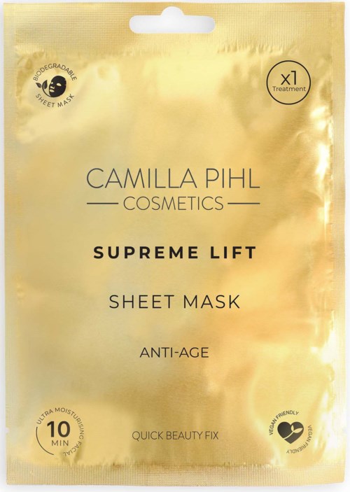 Goudkleurige verpakking voor een sheetmasker van 'Camilla Pihl Cosmetics' voor anti-aging behandeling. Bevat één masker, snelle 10-minuten fix.