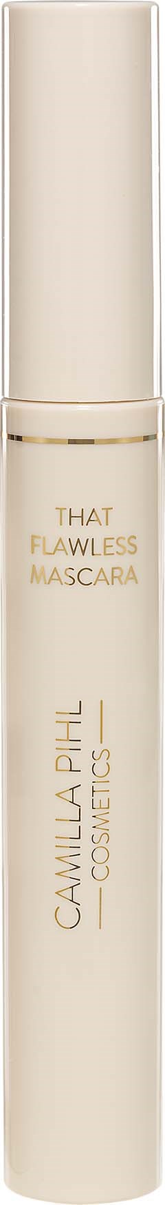 Een beige mascara-verpakking met gouden tekst en witte dop.