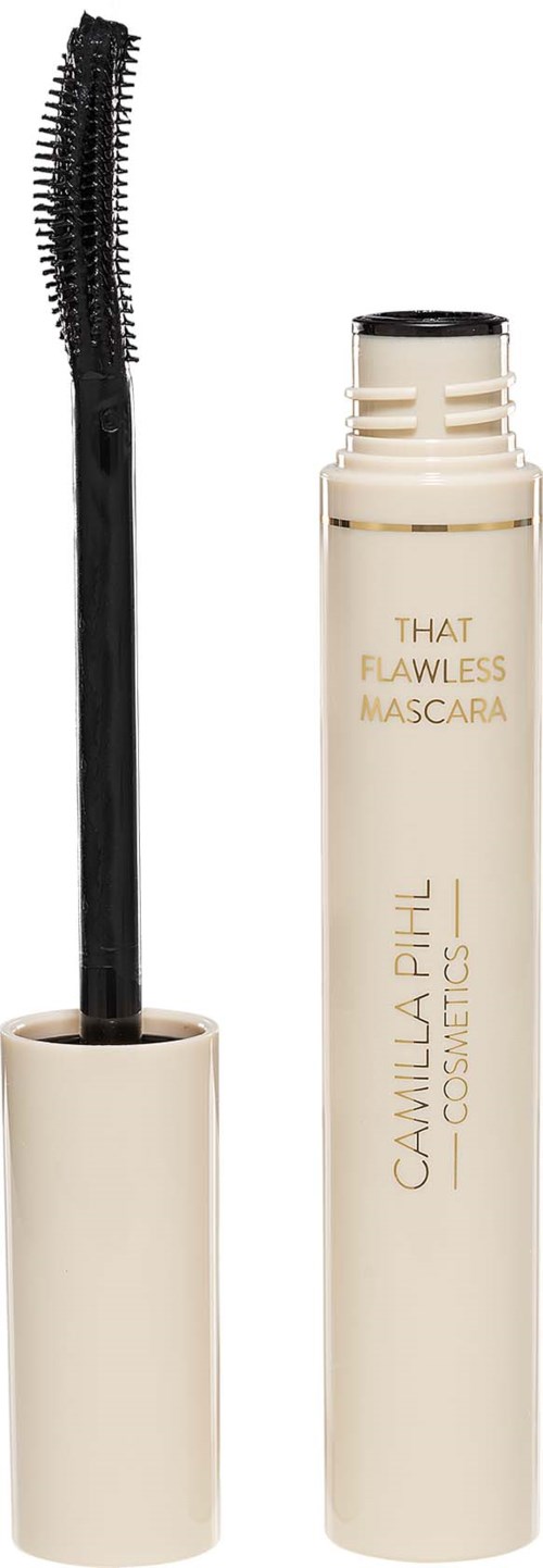Mascara met wieltje en label 'Camilla Pihl Cosmetics' en 'That Flawless Mascara.'
