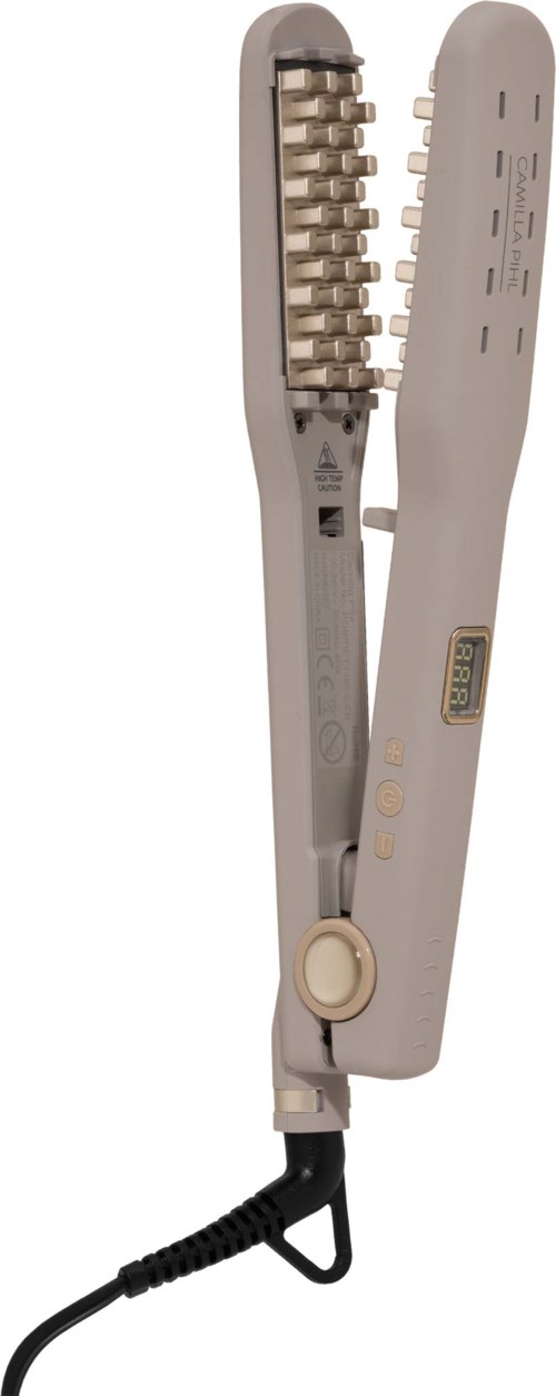 A flat iron with digital display, multiple buttons, and heated plates for styling hair.