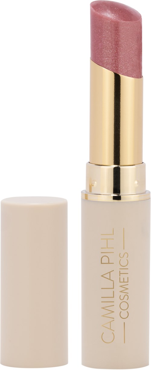 Een roze lippenstift in een witte en gouden huls met het merk Camilla-phil Cosmetics.