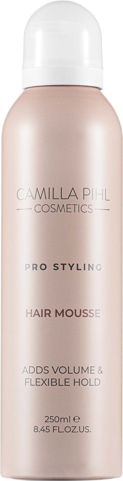 A pink and white bottle of hairstyling mousse from Camilla Pihl Cosmetics, 250 ml size.