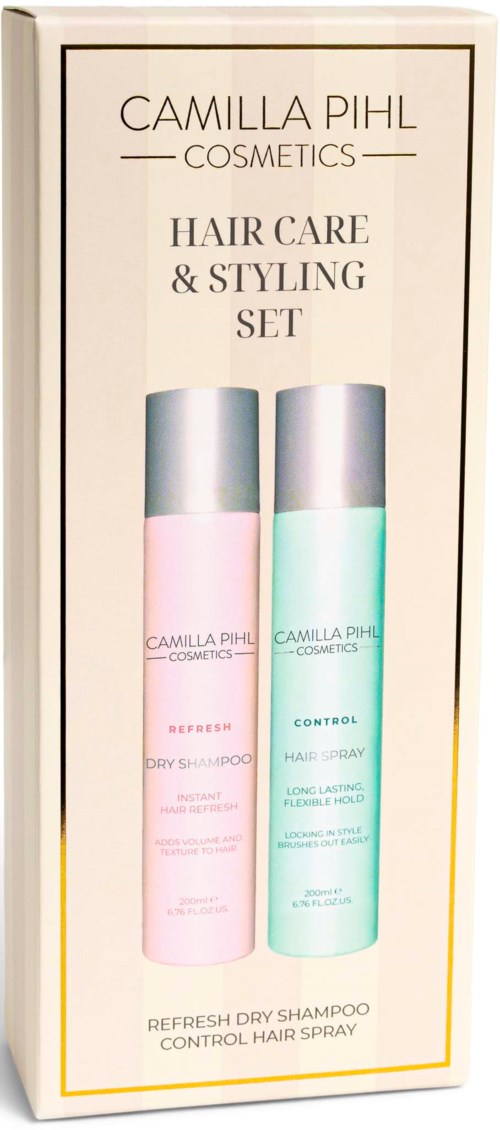 Two spray bottles in a box, labeled as a hair care and styling set by Camilla Pihl Cosmetics.