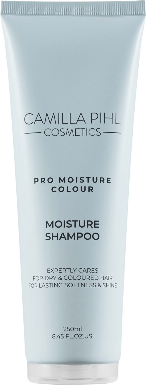 Valkoinen tubi Camilla Pihl Cosmetics Pro Moisture Colour Moisture Shampoo, 250 ml ja mustaa tekstiä.