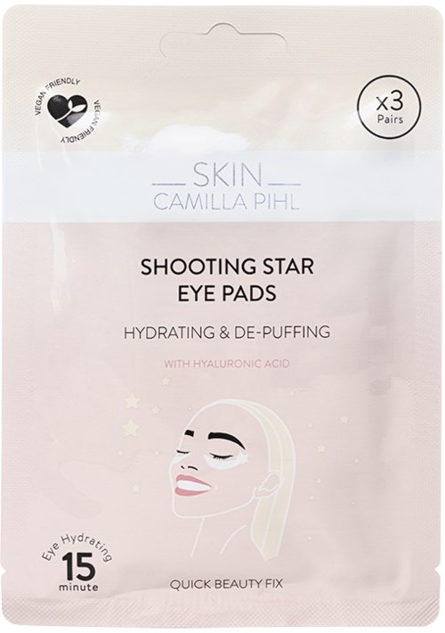 Verpakking voor huidverzorgings-oogpatches met illustratie van een vrouw, vermeldt hydratatie, vermindering van zwelling en hyaluronzuur.