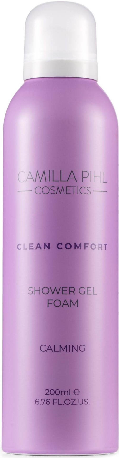 Lavenderin värinen suihkugeelipullo ja valkoinen kansi, merkki Camilla Pihl Cosmetics Clean Comfort.