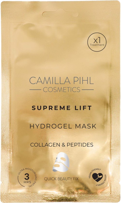 Golden packaging for a hydrogel mask by Camilla Pihl Cosmetics, with collagen and peptides, lasts about 3 hours, easy to use.