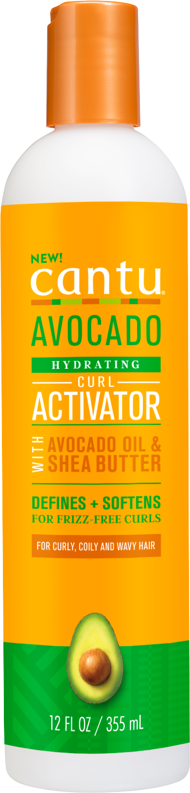 Haarverzorgingsfles met oranje, groen en wit, gelabeld als avocado krulactivator voor zacht, gekruld haar.
