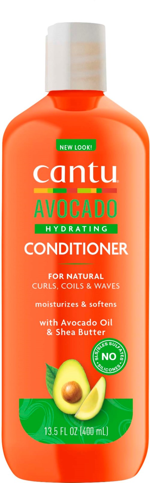 Een feloranje flesje avocado conditioner voor haar, met een witte dop en een afbeelding van een avocado.