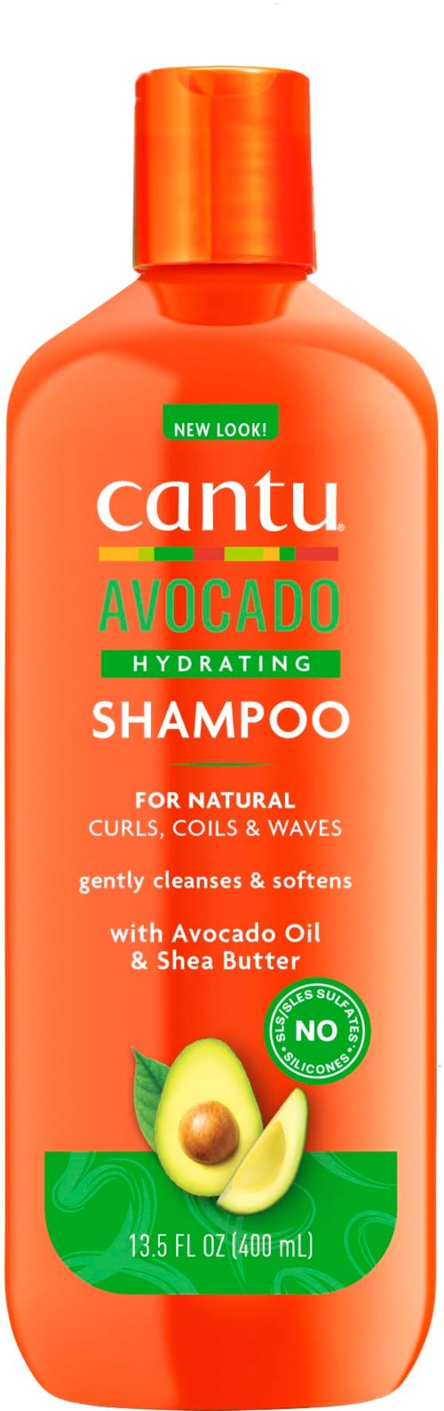 Een oranje fles Cantu Avocado Hydrating Shampoo met een groen label die zegt 'NIEUW UITZICHT' en een avocado afbeelding.