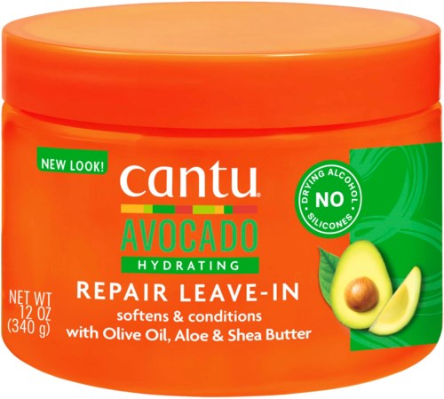Een ronde oranje container van Cantu avocado herstellende leave-in haarproduct met groene en witte tekst en afbeeldingen.