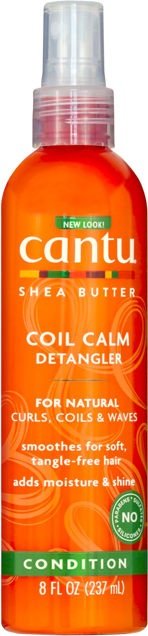 Cantu Coil Calm Detangler suihke oranssissa pullossa, tekee hiuksista pehmeät, lisää kosteutta ja sopii luonnollisille kiharoille.
