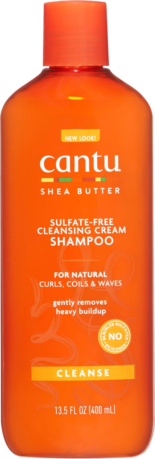 Oranje fles met Cantu Shea Butter sulfaatvrij shampoo voor krullend haar, 13,5 oz.