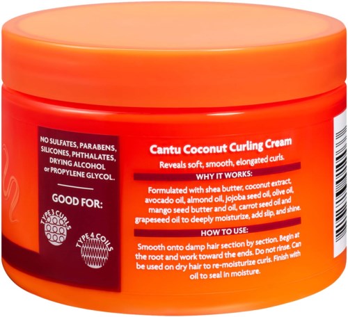 Een container met Cantu Coconut Curling Cream met gebruiksaanwijzingen en ingrediënten op het etiket.