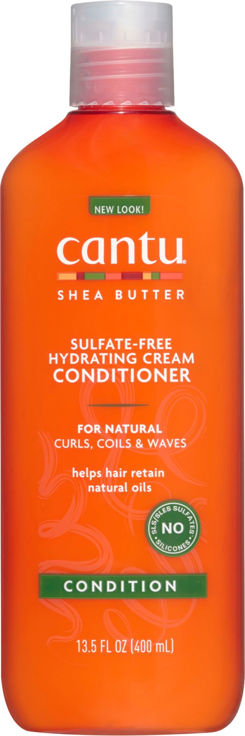 Een fles Cantu Shea Butter conditioner, oranje kleur, geschikt voor krullend haar, bevat 13,5 ounce.
