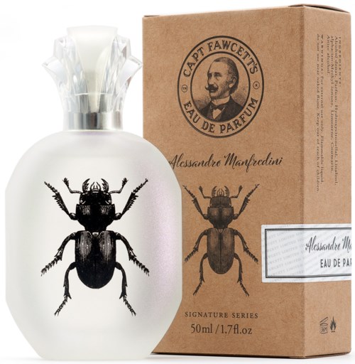 A white perfume bottle with a black beetle illustration, next to its brown packaging box, labeled 'Alessandro Manfredini' and 'Captain Fawcett.'