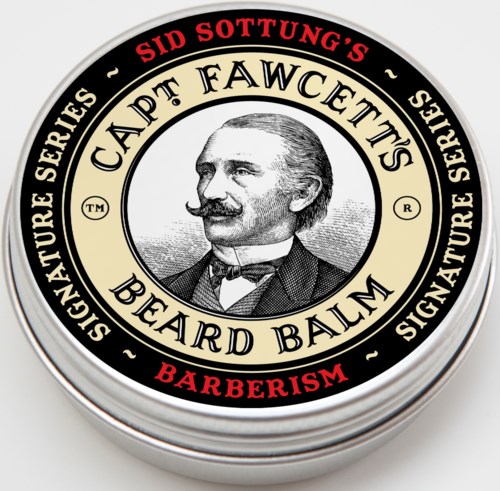 A round tin features a vintage-style label with a man's portrait, and text about beard balm, barberism, and series.