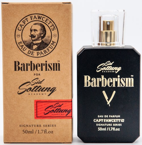 A black perfume bottle and a brown cardboard box with a portrait of a man and the text "Barberism" and "Sid Sottung".