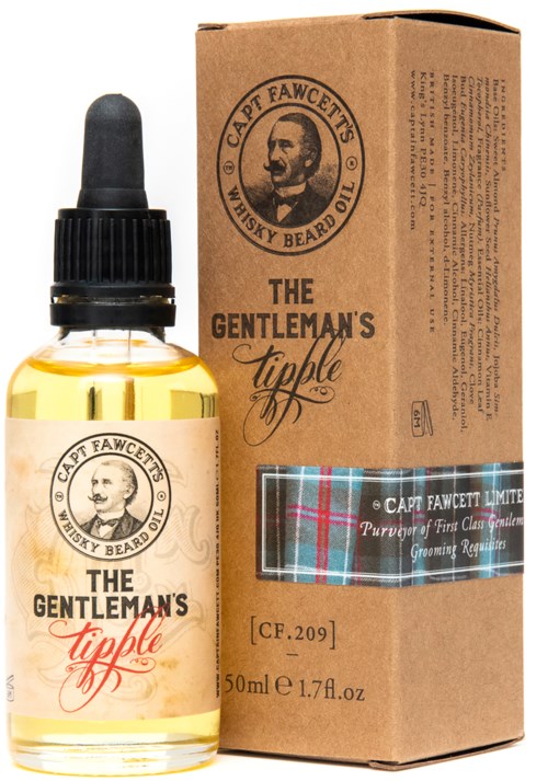 A small bottle of beard oil with a dropper, and a brown box with label, logo, and plaid design. 50ml.