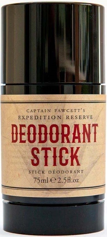 A deodorant stick container with a black top and beige label, showing the product name and details.