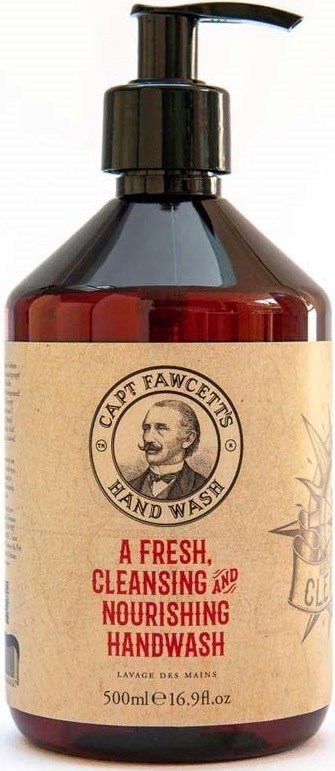 A dark brown pump bottle with beige label, red and black text, and a logo of a man. It is hand wash soap.