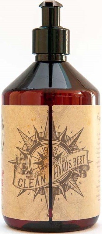 A brown bottle with a pump, labeled with a vintage-style design and text about cleaning hands.