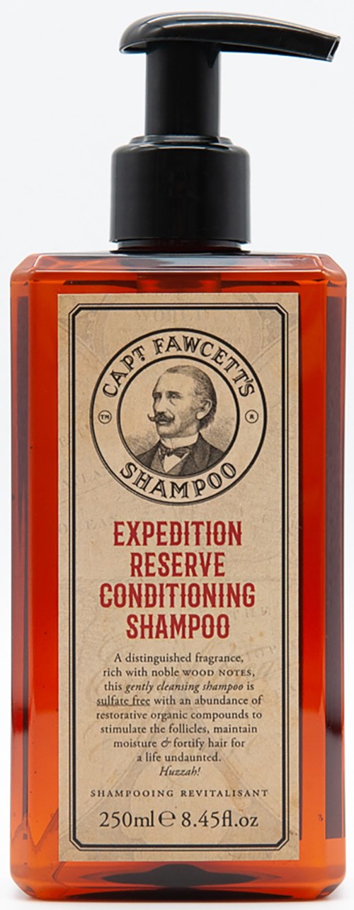 En flaska med Cap't Fawcett's schampo med pump, märkt som expedition reserve balsamschampo, 250 ml.