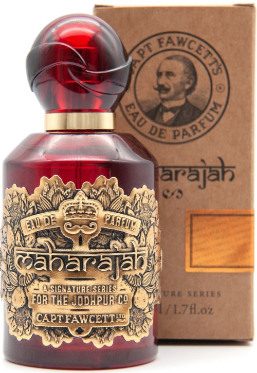 A red perfume bottle with an ornate label and a brown box with a portrait and label. The bottle is rounded.
