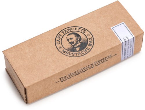 A brown cardboard box with a circular logo of a man with a mustache. It mentions Captain Fawcett and moustache wax.