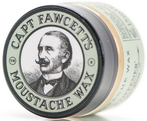 A round container with a black lid showing a man with a mustache and the name 'Captain Fawcett's Moustache Wax' around his portrait.