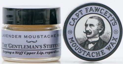 A jar of lavender mustache wax labeled for men, with a black and white logo of a man with a mustache.