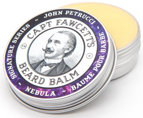 A tin container of Captain Fawcett's beard balm with a purple and silver label featuring a man's portrait.
