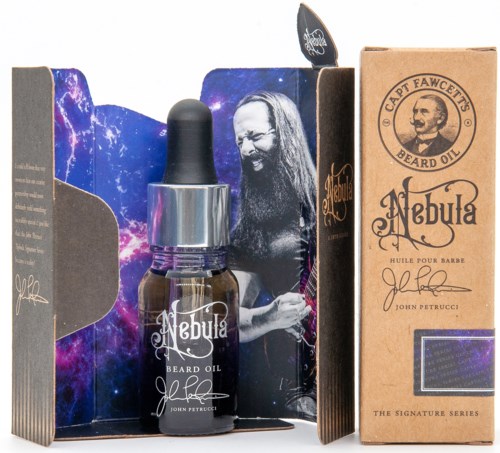 A beard oil product in a small bottle, with packaging showing a man with a long beard, space and galaxy themes.