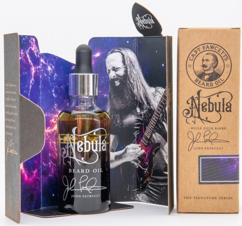 A beard oil bottle, a photo of a man with a guitar, and a box labeled 'Nebula Beard Oil' are shown.