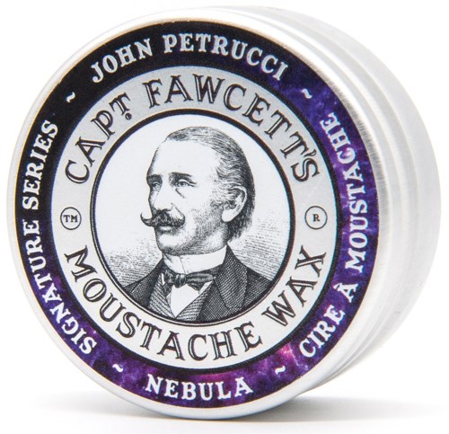 Circular tin with a black and white portrait of a man, text about mustache wax, and a purple-blue border.