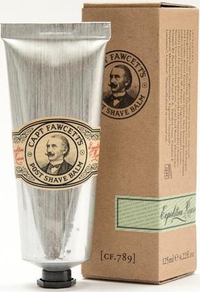A silver tube of Captain Fawcett's post shave balm next to its box with a portrait and green label.
