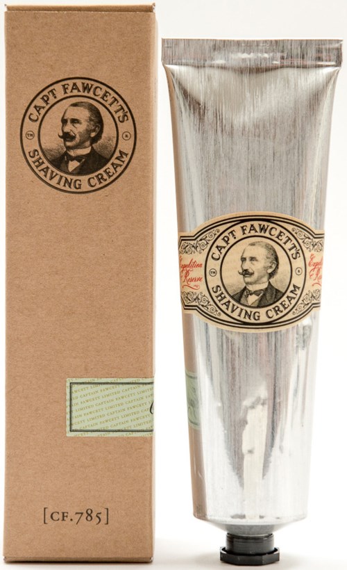 A shaving cream tube with a matching cardboard box, both labeled with a portrait and name of Captain Fawcett.