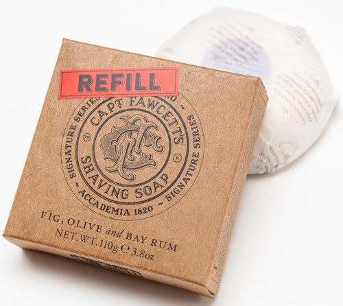 Reused soap box with 'REFILL' label, showing 'Fig, Olive and Bay Rum' scent.