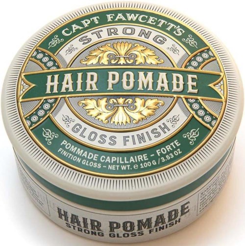 A round tin container labeled "Hair Pomade" with decorative gold and green design, indicates it provides a strong gloss finish.