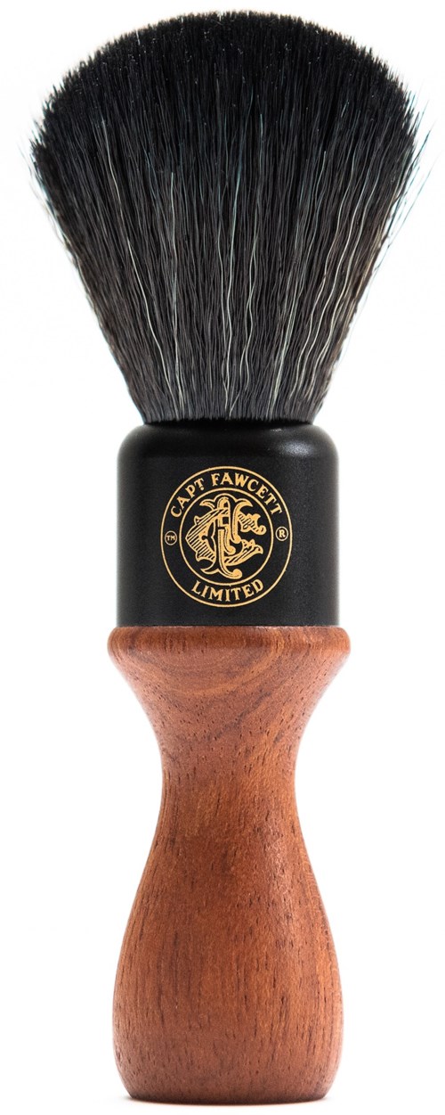 A shaving brush with black bristles and a wooden handle, featuring a logo that says 'Grooming Limited'.