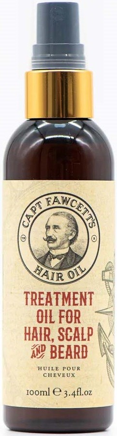 A dark brown bottle with a spray top, gold band, and a label for hair, scalp, and beard treatment oil.