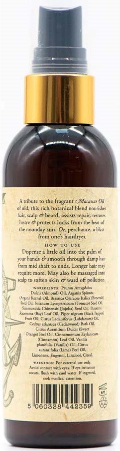 A dark brown bottle with a gold and gray spray cap, containing a product meant for skin or hair care.