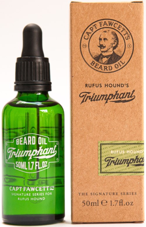 A green bottle with black dropper next to a brown box labeled for beard oil, brand called Triumphans for Rufus Hound.