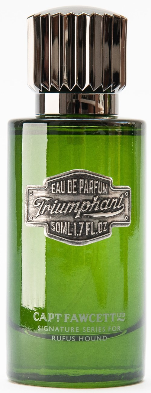 Green perfume bottle with a silver cap, label says "Triumphani" and "Rufus Hound."