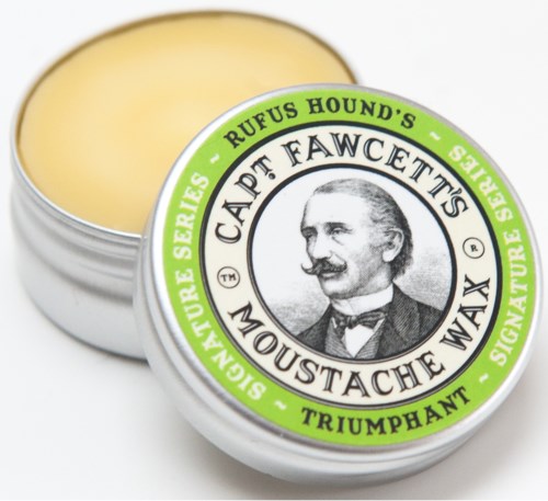 A round tin with a lid, labeled "Rufus Hound's" and "Captain Fawcett's". It features a mustache wax product.