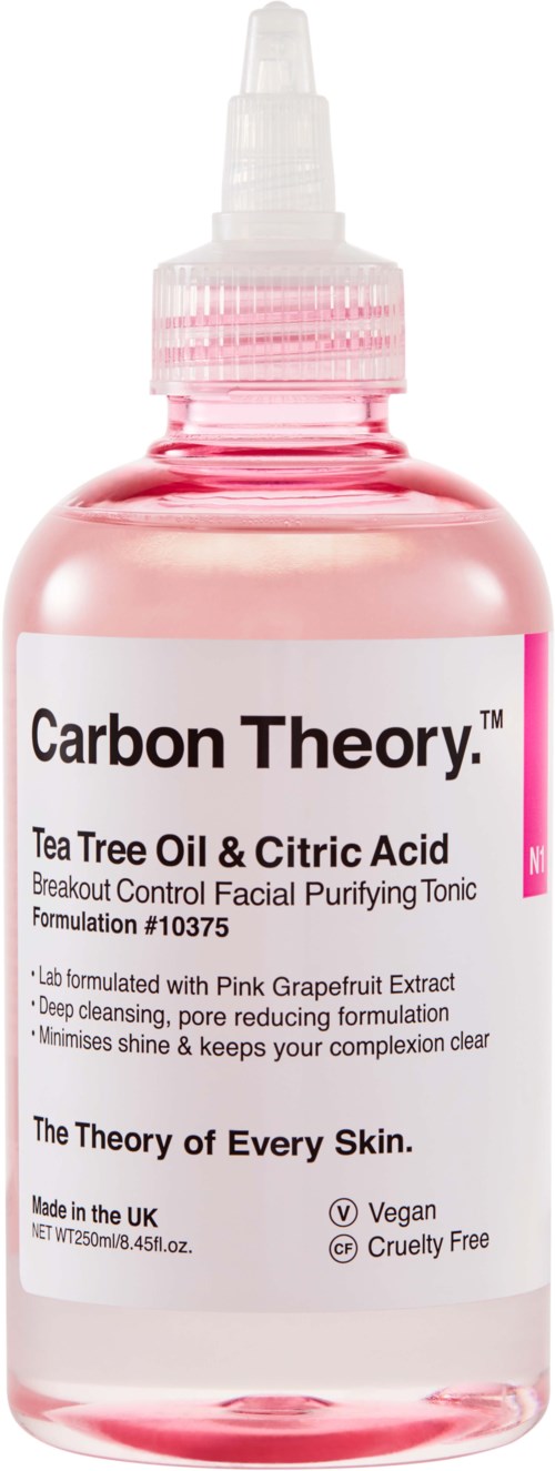 Roze fles met pipet, gelabeld als Tea Tree Oil en Citroenzuur voor huidverzorging.
