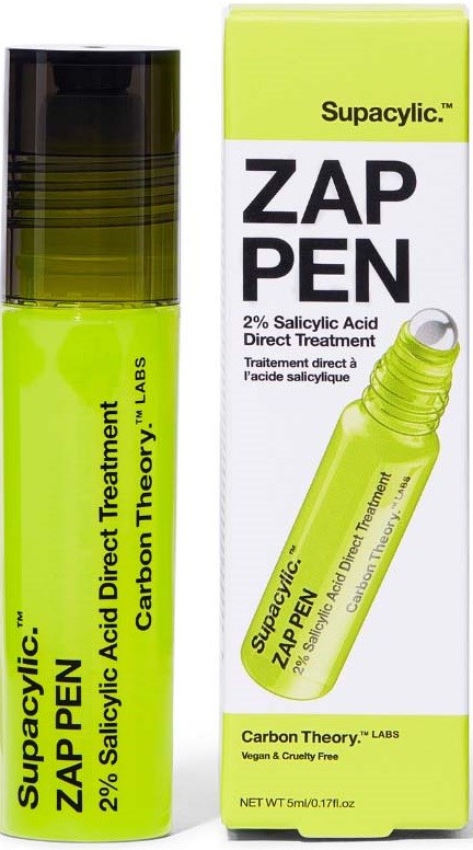 Lichtgroene en zwarte fles met bijpassende doos, gelabeld 'Supacyclic ZAP PEN' voor acnebehandeling, 2% salicylzuur.