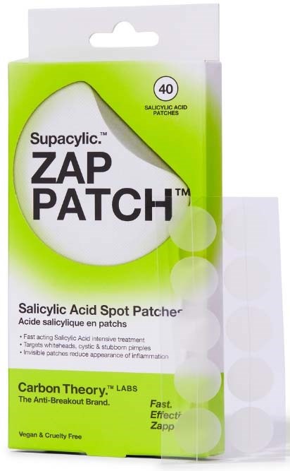 Een doosje ZAP PATCH salicylzuurpleisters met 40 pleisters voor acnebehandeling. Groen en wit doosje.
